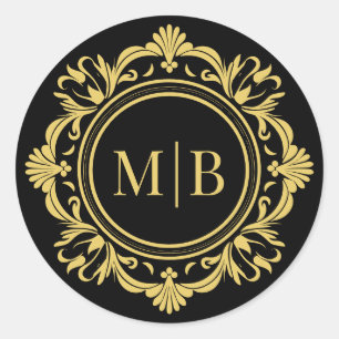Ornate Floral Monogram Wedding Elegant Black Gold Classic Round Sticker