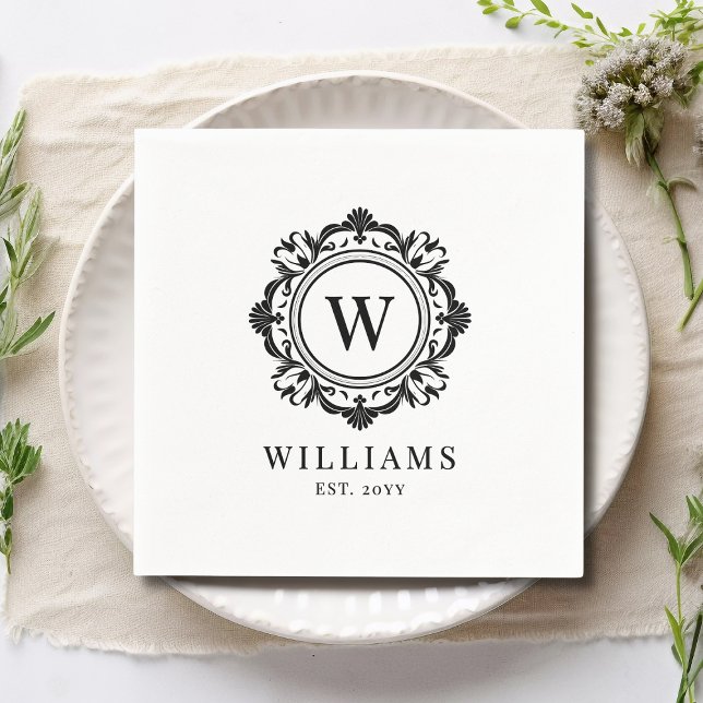 Ornate Floral Monogram Wedding Elegant Black Napkin (Creator Uploaded)