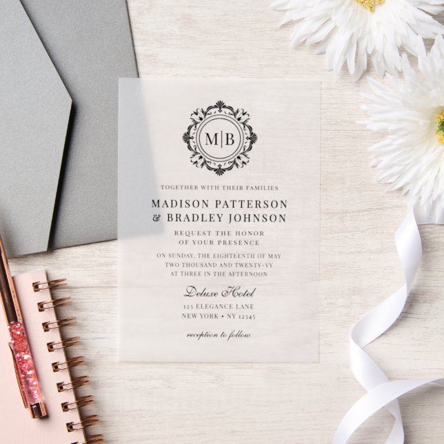 Ornate Floral Monogram Wedding Elegant Black Vellum Invitations (Wedding)