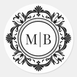 Ornate Floral Monogram Wedding Elegant Black White Classic Round Sticker