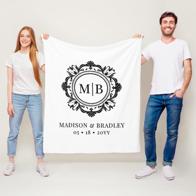 Ornate Floral Monogram Wedding Elegant Black White Fleece Blanket (In Situ)