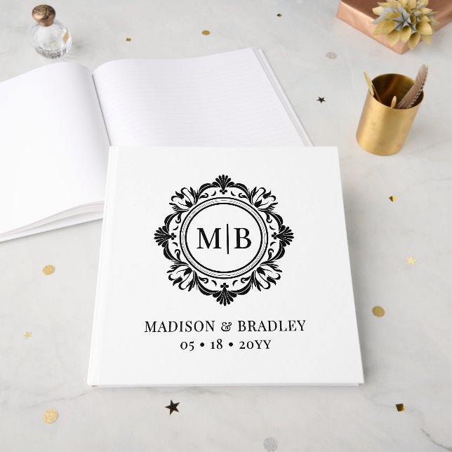 Ornate Floral Monogram Wedding Elegant Black White Guest Book (Front Open)