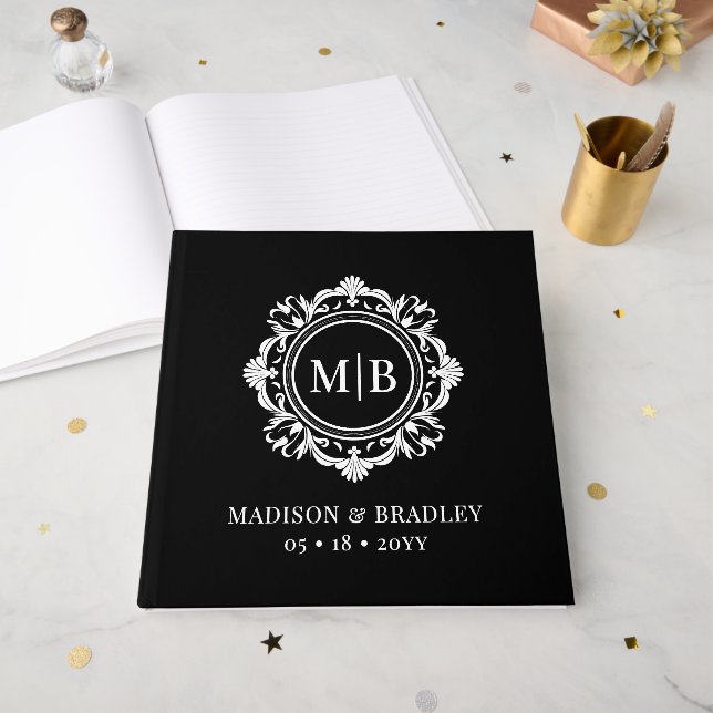Ornate Floral Monogram Wedding Elegant Black White Guest Book (Front Open)