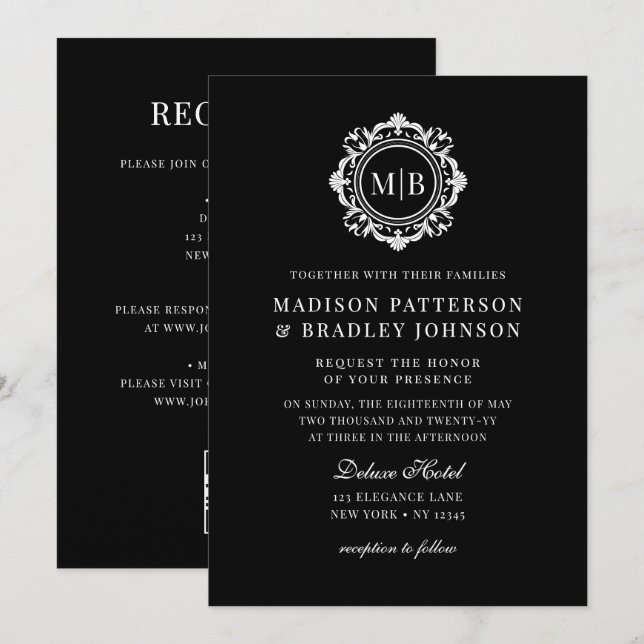 Ornate Floral Monogram Wedding Elegant Black White Invitation (Front/Back)