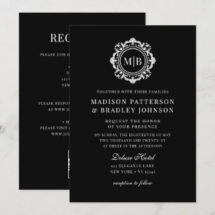 Ornate Floral Monogram Wedding Elegant Black White Invitation