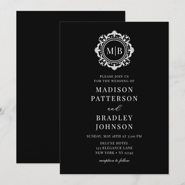 Ornate Floral Monogram Wedding Elegant Black White Invitation (Front/Back)