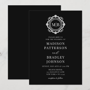 Ornate Floral Monogram Wedding Elegant Black White Invitation