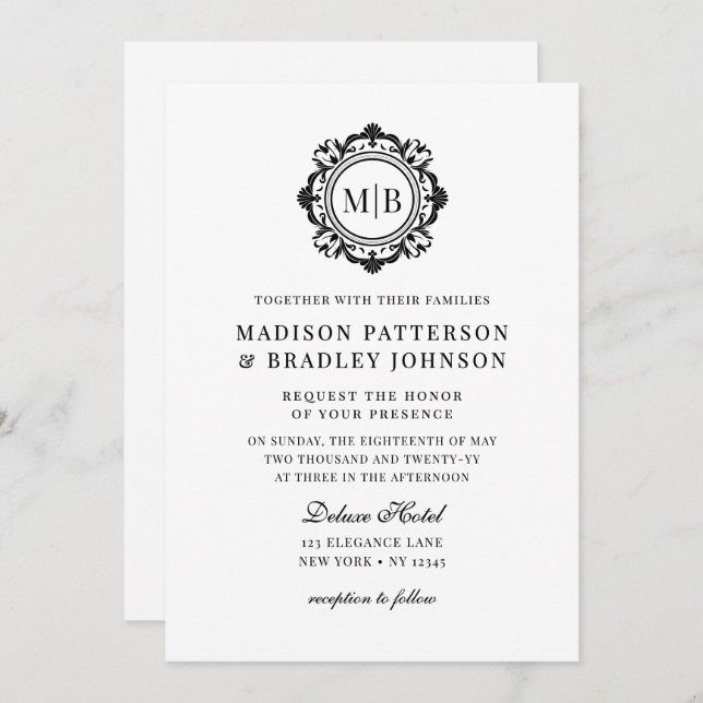 Ornate Floral Monogram Wedding Elegant Black White Invitation (Front/Back)