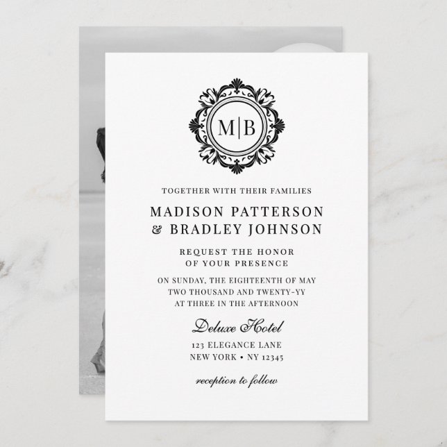 Ornate Floral Monogram Wedding Elegant Black White Invitation (Front/Back)