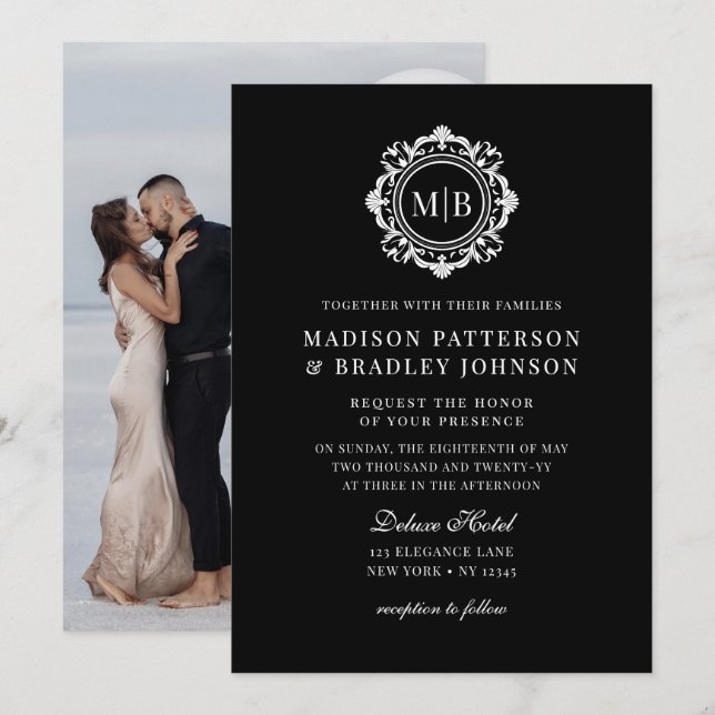 Ornate Floral Monogram Wedding Elegant Black White Invitation (Front/Back)