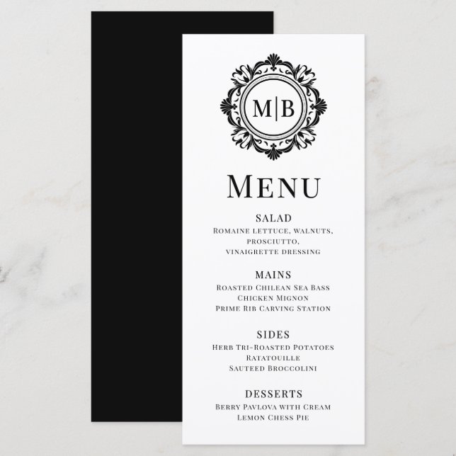 Ornate Floral Monogram Wedding Elegant Black White Menu (Front/Back)
