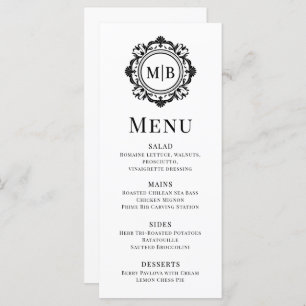 Ornate Floral Monogram Wedding Elegant Black White Menu