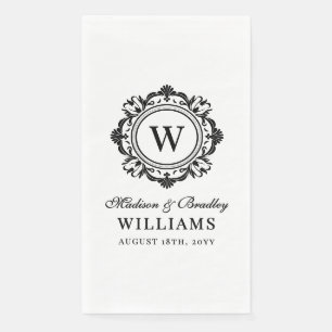 Ornate Floral Monogram Wedding Elegant Black White Napkin