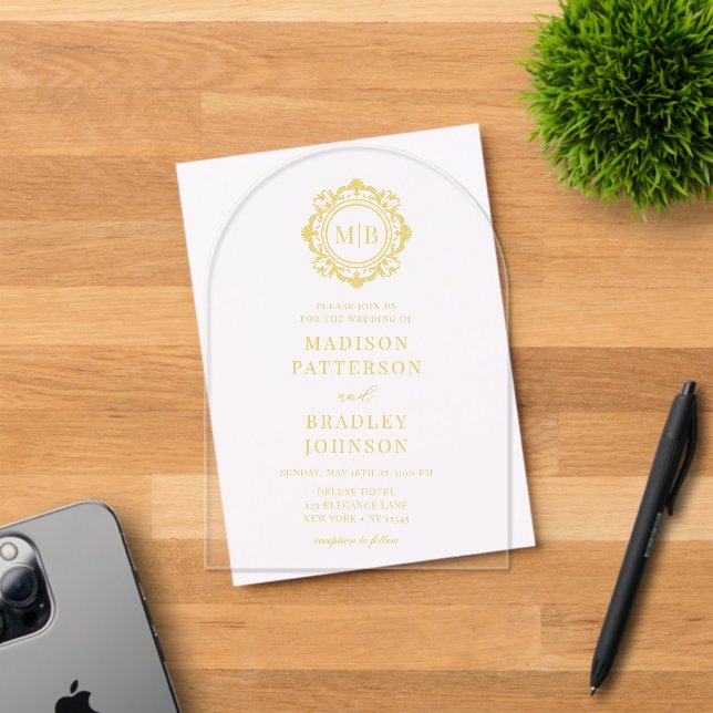Ornate Floral Monogram Wedding Elegant Gold Acrylic Invitations (Insitu (Invitation Card))