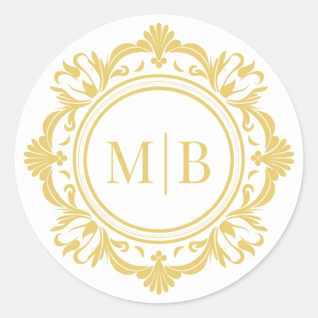 Ornate Floral Monogram Wedding Elegant Gold Classic Round Sticker (Front)