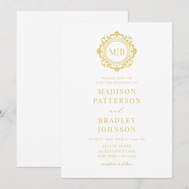 Ornate Floral Monogram Wedding Elegant Gold Invitation (Front/Back)
