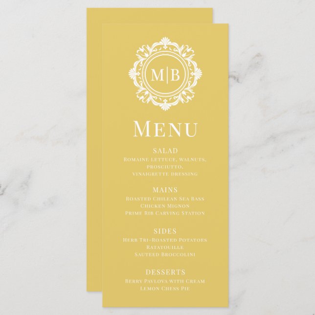 Ornate Floral Monogram Wedding Elegant Gold  Menu (Front/Back)