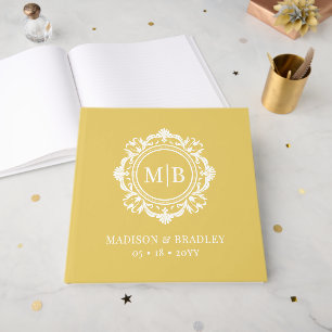 Ornate Floral Monogram Wedding Elegant Gold White Guest Book
