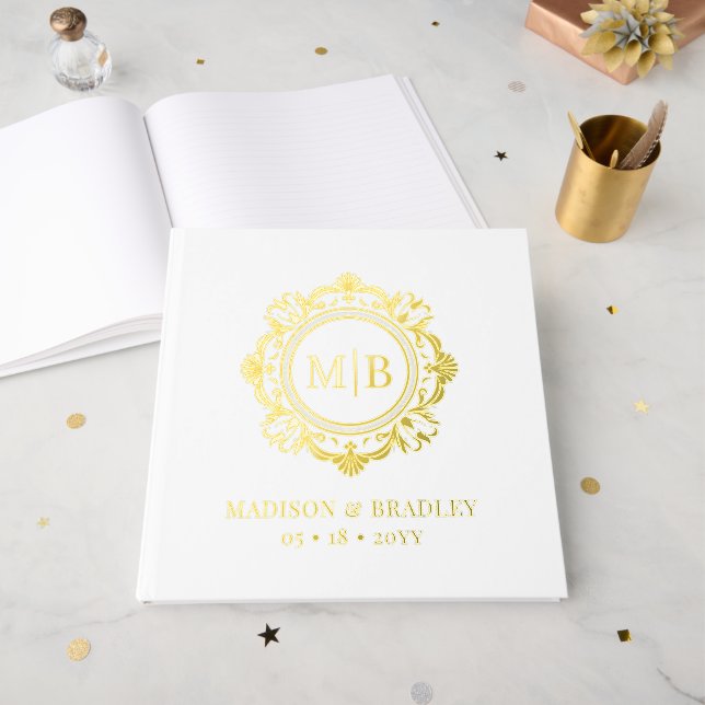 Ornate Floral Monogram Wedding Elegant Gold White Guest Book (Front Open)