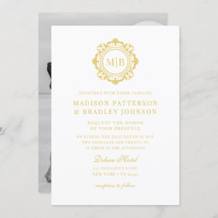 Ornate Floral Monogram Wedding Elegant Gold White Invitation