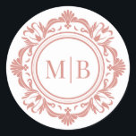 Ornate Floral Monogram Wedding Elegant Rose Gold Classic Round Sticker<br><div class="desc">Ornate Floral Monogram Wedding Elegant Rose Gold Classic Round Sticker features your personalised monogrammed initials in elegant script typography surrounded by an ornamental floral frame and custom text overlay on a white background. Add as an envelope seal to your wedding invitations, save the dates, wedding favours, gifts and more. Perfect...</div>