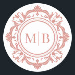 Ornate Floral Monogram Wedding Elegant Rose Gold Classic Round Sticker<br><div class="desc">Ornate Floral Monogram Wedding Elegant Rose Gold Classic Round Sticker features your personalised monogrammed initials in elegant script typography surrounded by an ornamental floral frame and custom text overlay on a white background. Add as an envelope seal to your wedding invitations, save the dates, wedding favours, gifts and more. Perfect...</div>