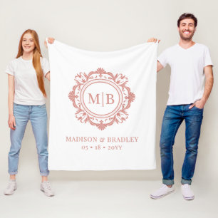Ornate Floral Monogram Wedding Elegant Rose Gold Fleece Blanket