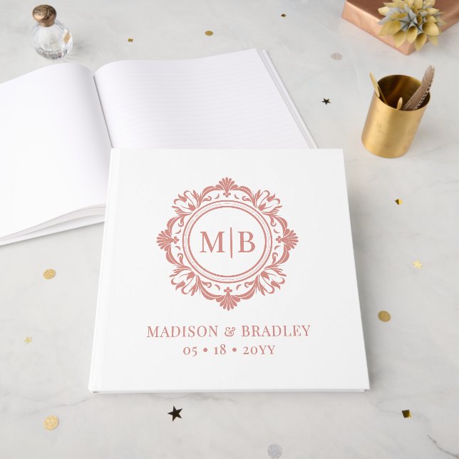 Ornate Floral Monogram Wedding Elegant Rose Gold Guest Book (Front Open)