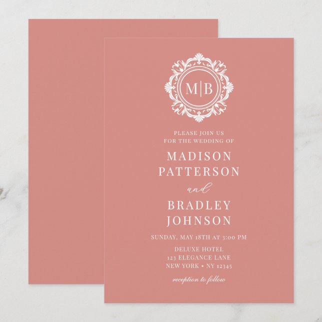 Ornate Floral Monogram Wedding Elegant Rose Gold Invitation (Front/Back)