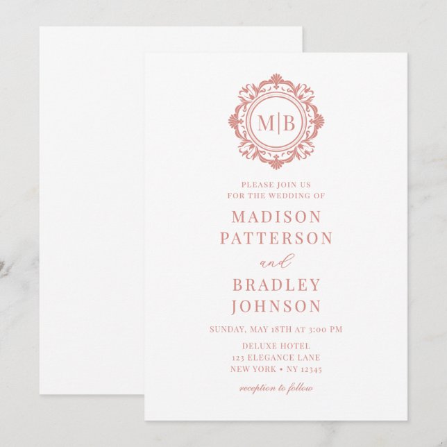 Ornate Floral Monogram Wedding Elegant Rose Gold Invitation (Front/Back)