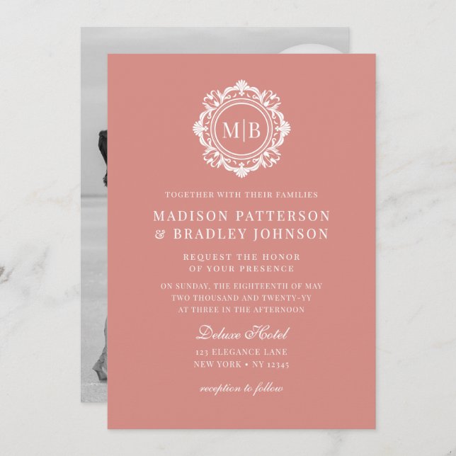Ornate Floral Monogram Wedding Elegant Rose Gold Invitation (Front/Back)