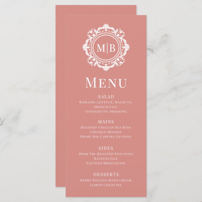 Ornate Floral Monogram Wedding Elegant Rose Gold Menu (Front/Back)