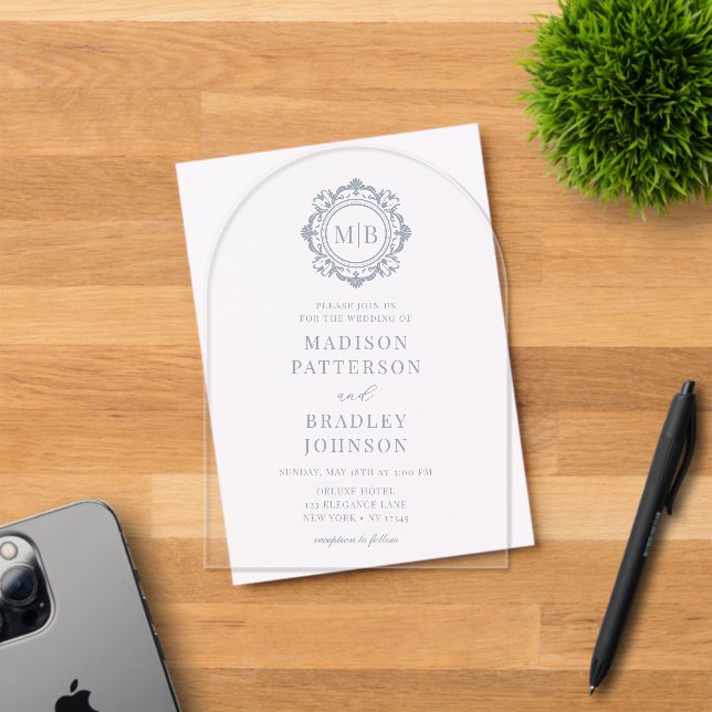 Ornate Floral Monogram Wedding Elegant Silver Acrylic Invitations (Insitu (Invitation Card))