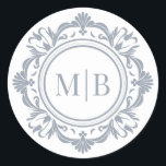 Ornate Floral Monogram Wedding Elegant Silver Classic Round Sticker<br><div class="desc">Ornate Floral Monogram Wedding Elegant Silver Classic Round Sticker features your personalised monogrammed initials in elegant script typography surrounded by an ornamental floral frame and custom text overlay on a white background. Add as an envelope seal to your wedding invitations, save the dates, wedding favours, gifts and more. Perfect luxury...</div>