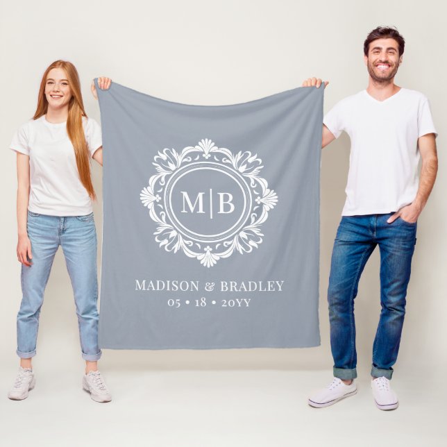 Ornate Floral Monogram Wedding Elegant Silver Fleece Blanket (In Situ)