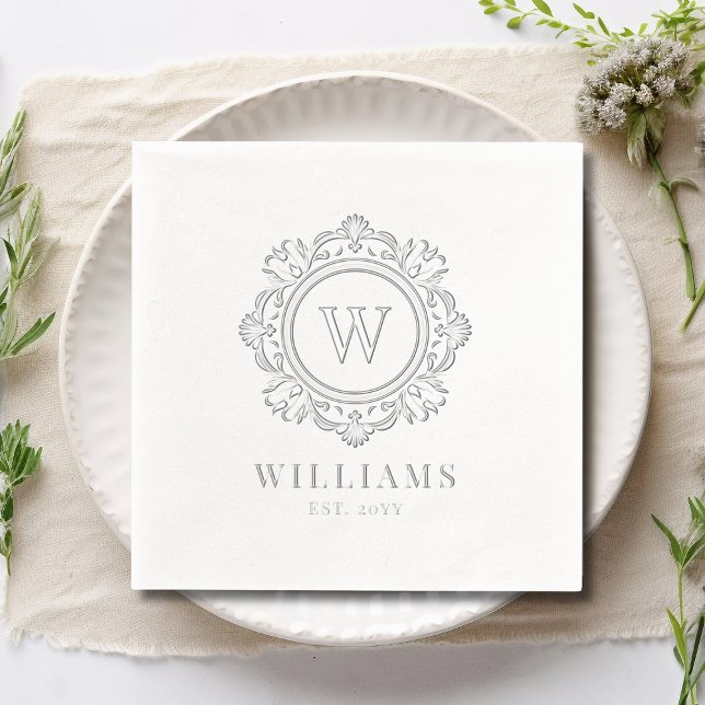 Ornate Floral Monogram Wedding Elegant Silver Foil Napkins (Creator Uploaded)