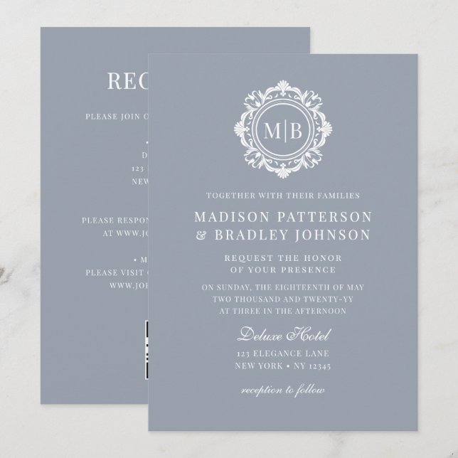 Ornate Floral Monogram Wedding Elegant Silver Invitation (Front/Back)