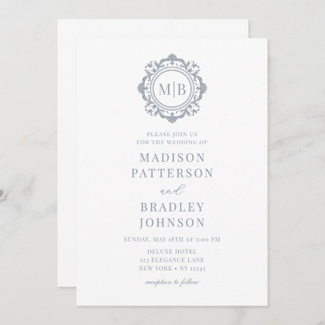 Ornate Floral Monogram Wedding Elegant Silver Invitation (Front/Back)