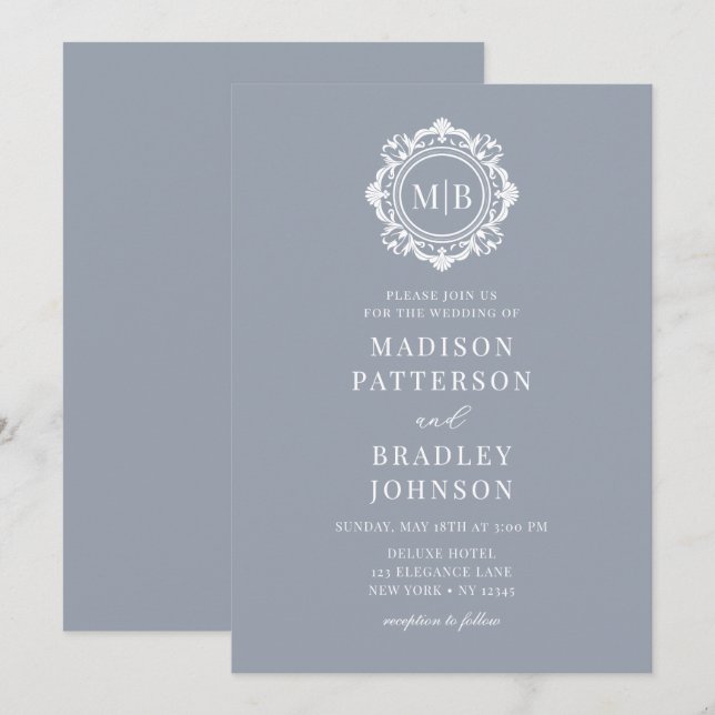 Ornate Floral Monogram Wedding Elegant Silver Invitation (Front/Back)