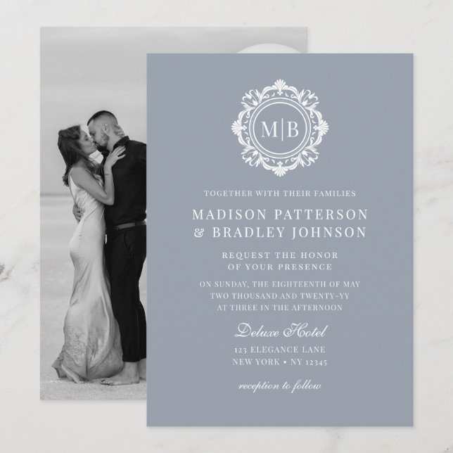 Ornate Floral Monogram Wedding Elegant Silver Invitation (Front/Back)