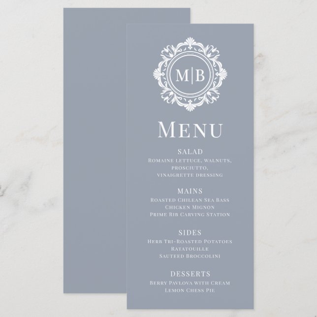 Ornate Floral Monogram Wedding Elegant Silver Menu (Front/Back)