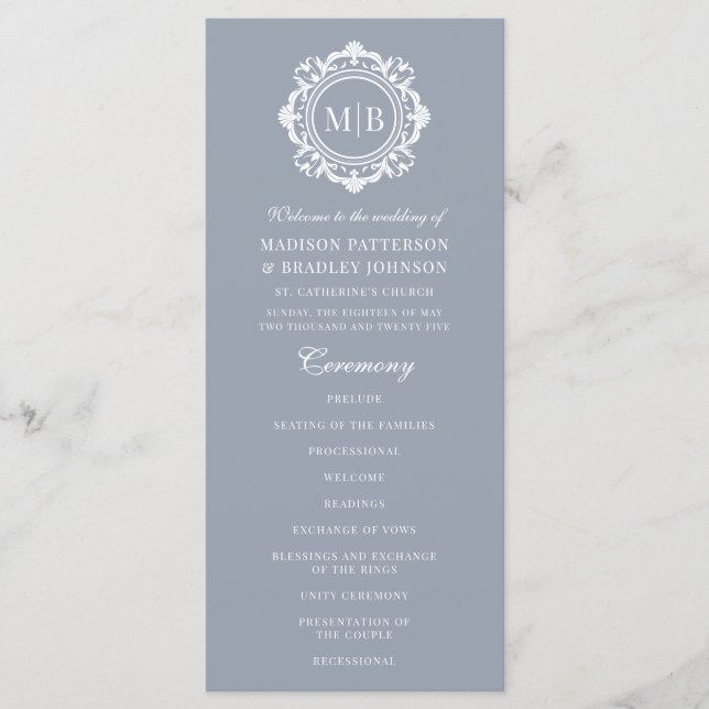 Ornate Floral Monogram Wedding Elegant Silver Programme (Front)