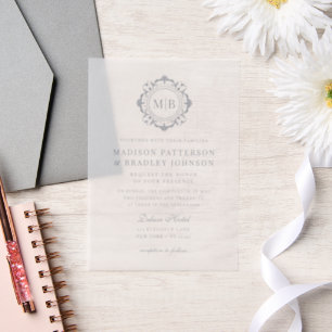 Ornate Floral Monogram Wedding Elegant Silver Vellum Invitations
