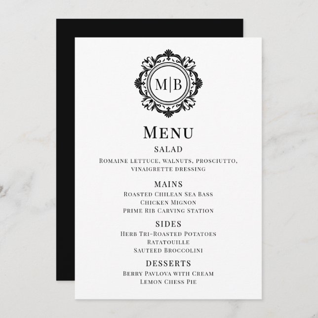 Ornate Floral Monogram Wedding Menu Black White (Front/Back)