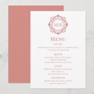 Ornate Floral Monogram Wedding Menu Rose Gold