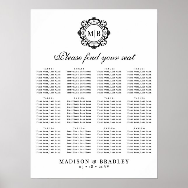 Ornate Floral Monogram Wedding Seating Chart (Front)