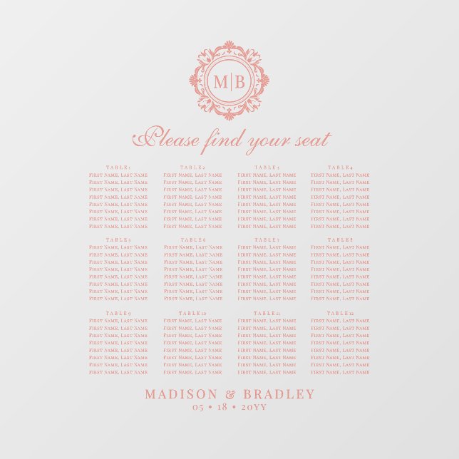 Ornate Floral Monogram Wedding Seating Chart Window Cling (Sheet)