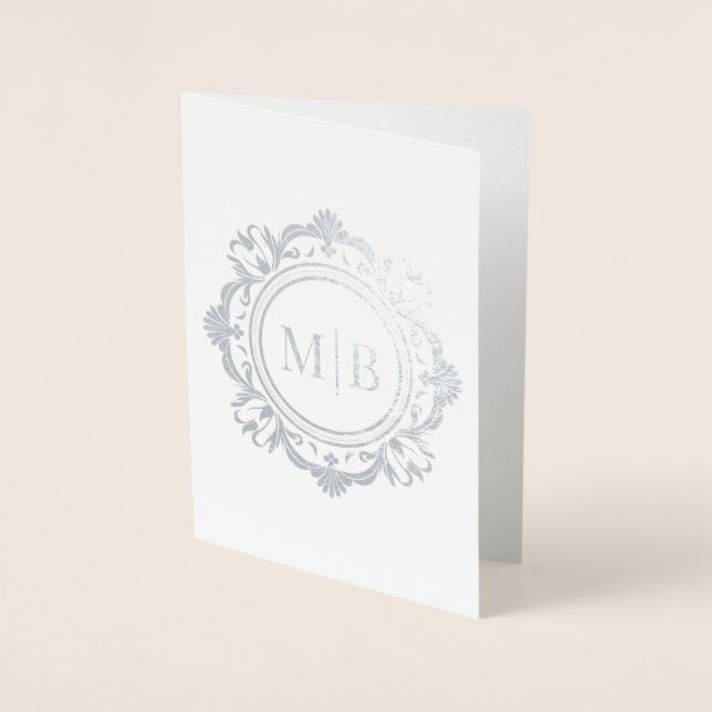 Ornate Floral Monogram Wedding Thank You Foil Card (Front)