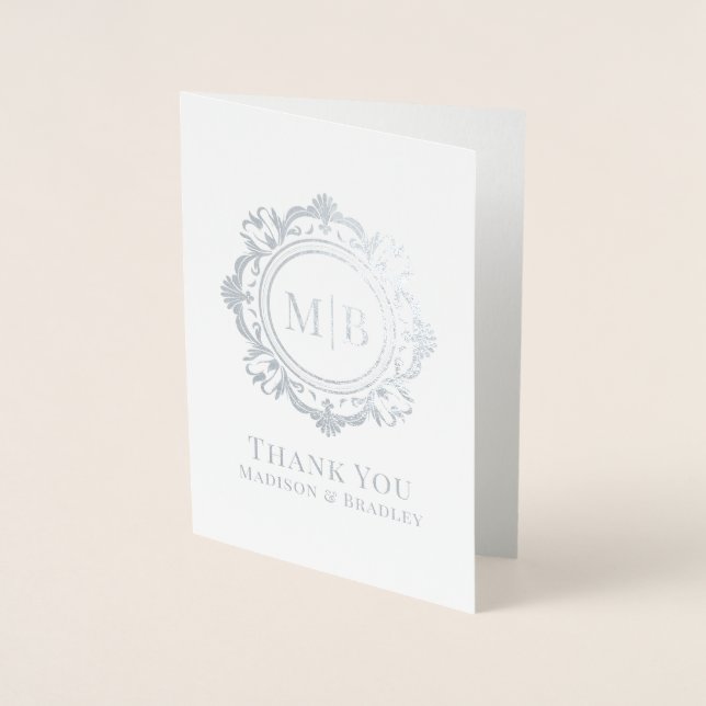 Ornate Floral Monogram Wedding Thank You Foil Card (Front)