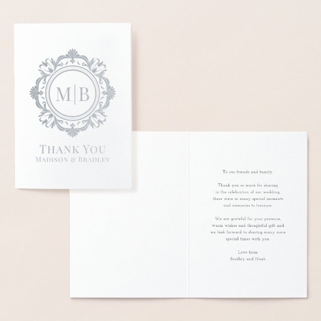 Ornate Floral Monogram Wedding Thank You Foil Card (Display)